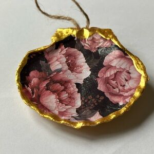 Handcrafted Shell Ornament Pink Floral Gold Decoupage